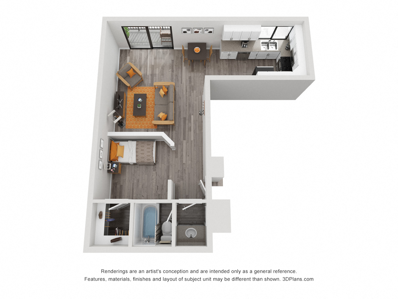 Floor plan for studio, 1 bath, 703 sqft